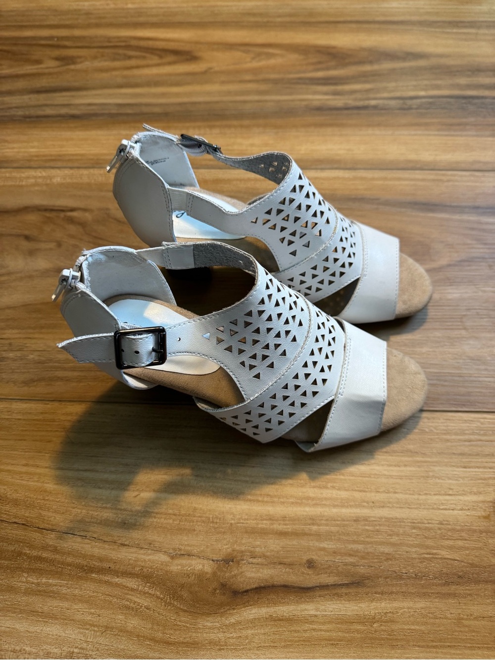 Easy Street White Laser-Cut Buckle Sandal Heels